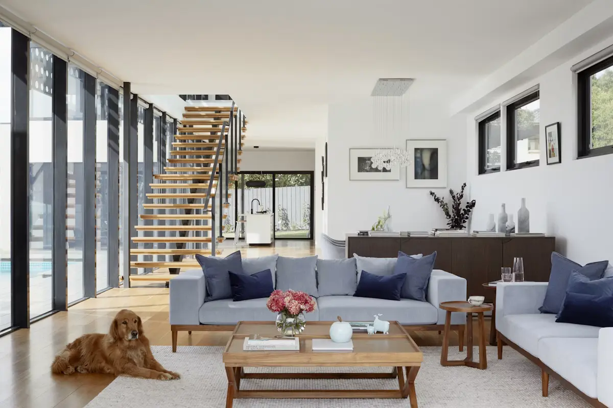 Covered indoor living area with wood detailing