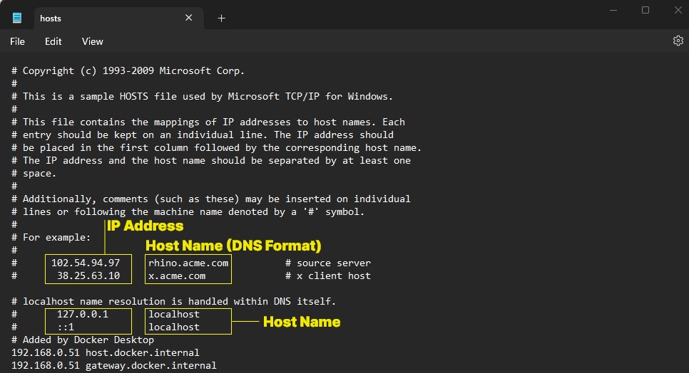 screenshot of the hosts file from windows